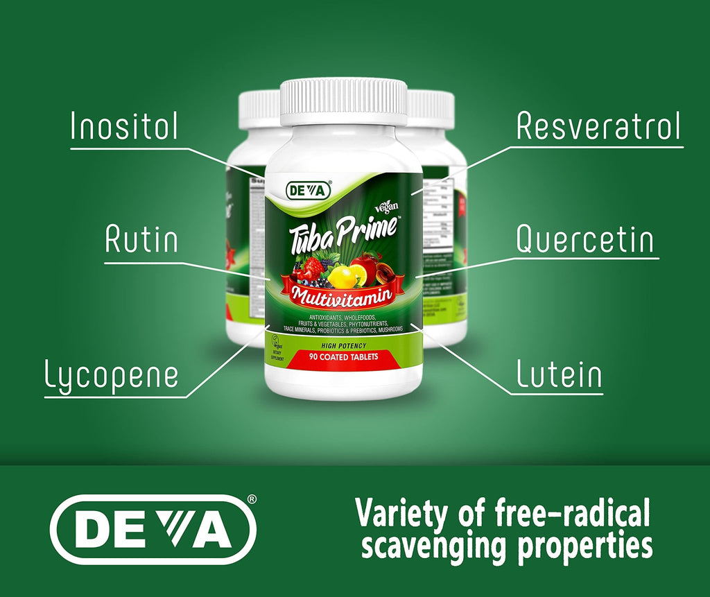 DEVA Tuba Prime Vegan Multivitamin - High-Potency Vitamin and Mineral Dietary Supplement - Antioxidants, Fruit and Vegetable Blend, Super Mushrooms, Probiotics, Prebiotics, Seeds, Herbs - 90 Tablets - TrustMedUSA