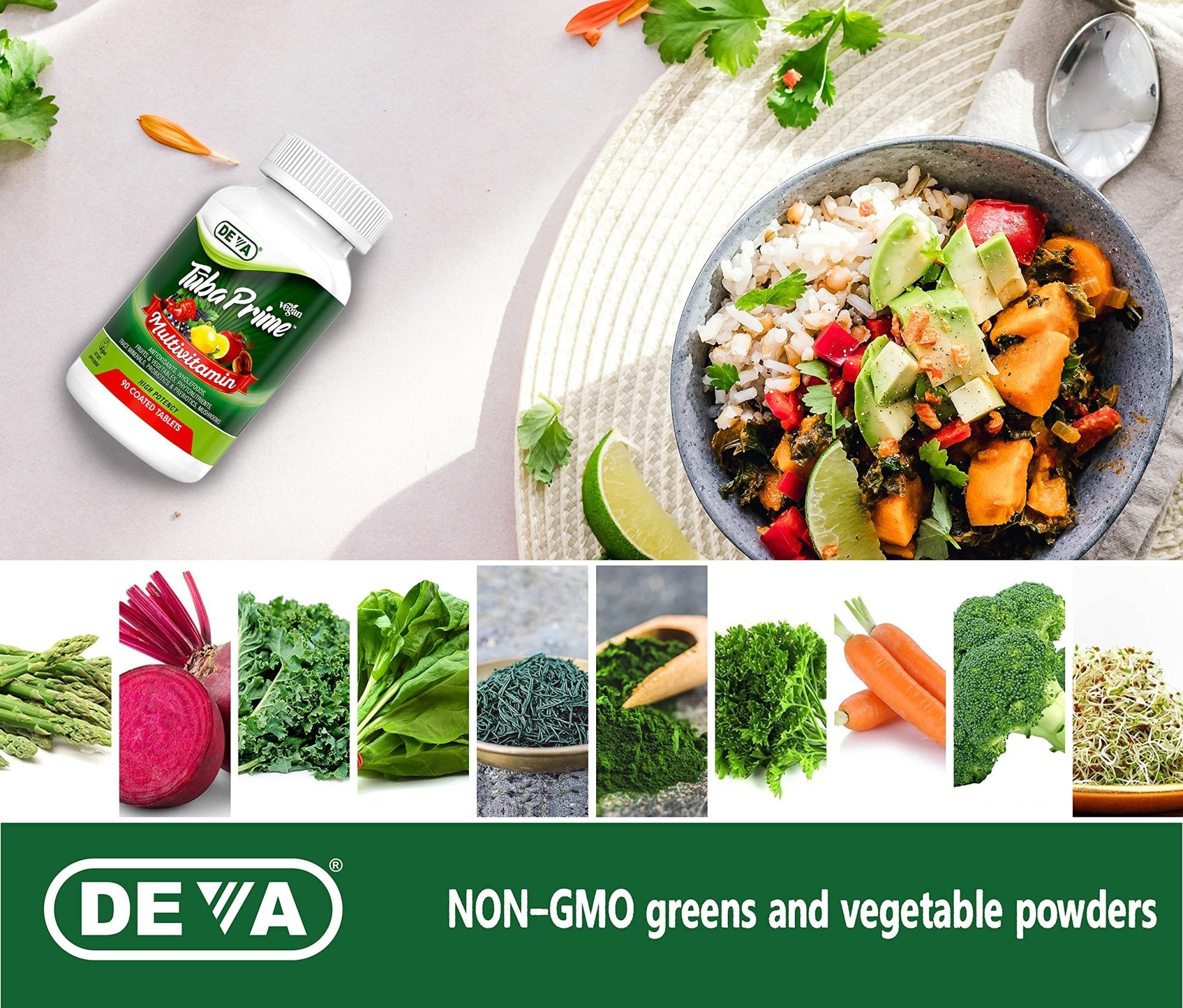DEVA Tuba Prime Vegan Multivitamin - High-Potency Vitamin and Mineral Dietary Supplement - Antioxidants, Fruit and Vegetable Blend, Super Mushrooms, Probiotics, Prebiotics, Seeds, Herbs - 90 Tablets - TrustMedUSA
