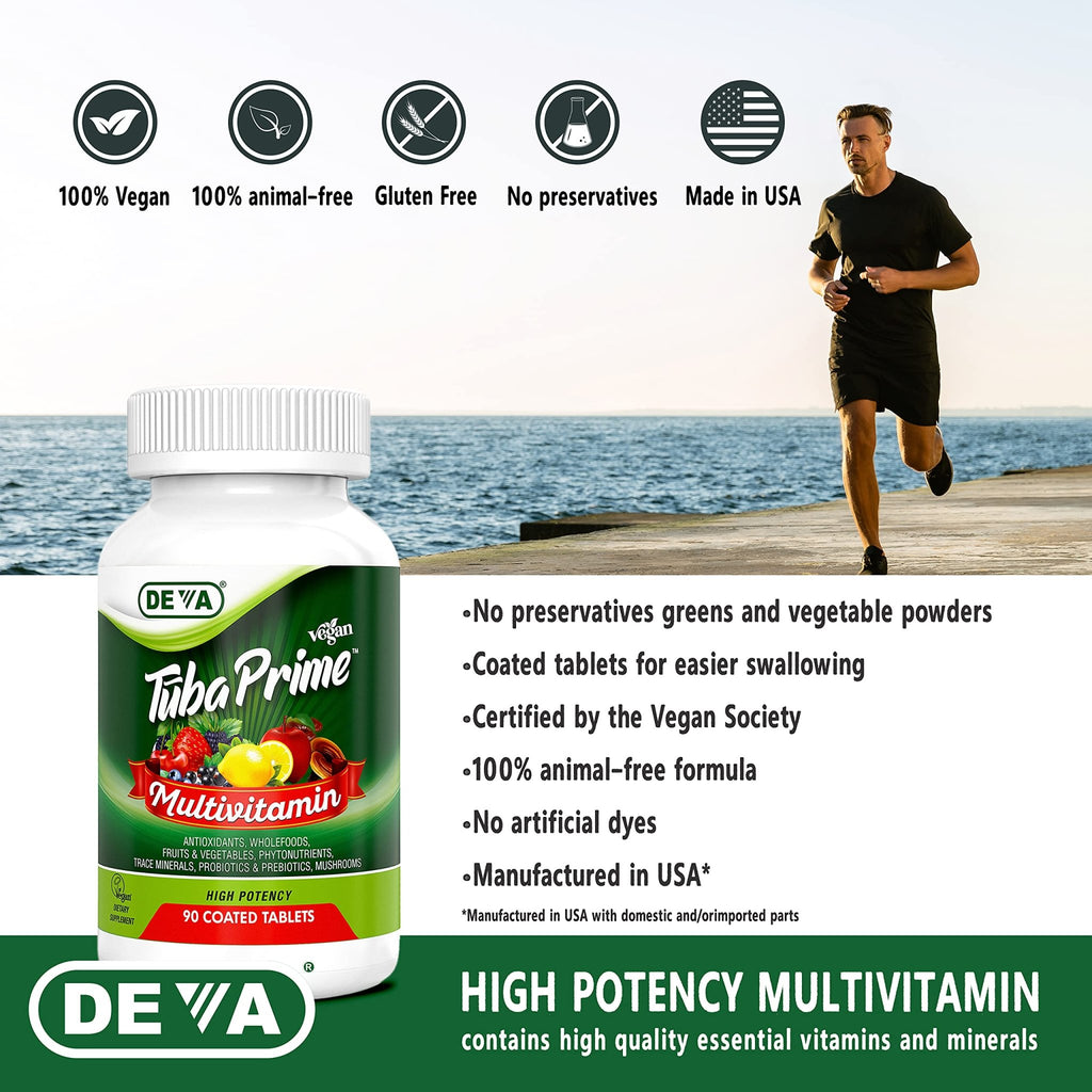 DEVA Tuba Prime Vegan Multivitamin - High-Potency Vitamin and Mineral Dietary Supplement - Antioxidants, Fruit and Vegetable Blend, Super Mushrooms, Probiotics, Prebiotics, Seeds, Herbs - 90 Tablets - TrustMedUSA