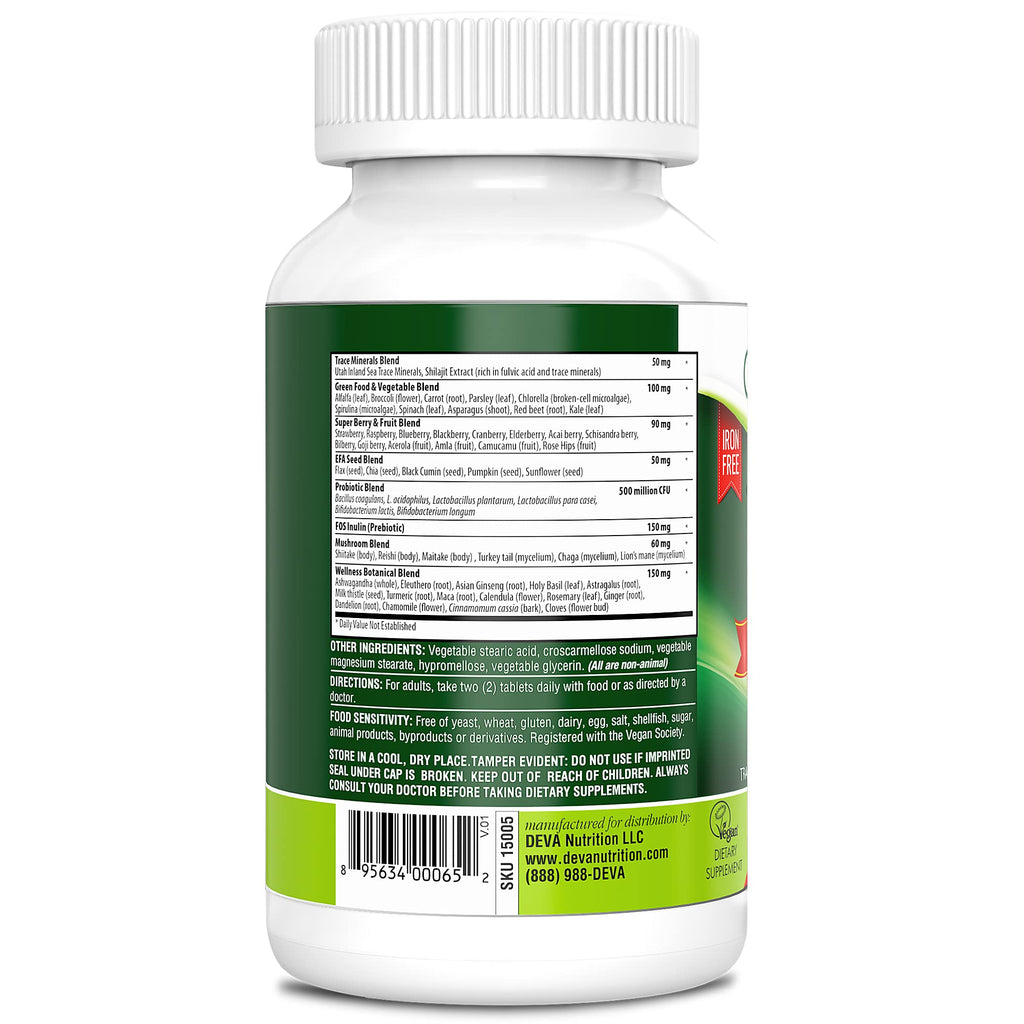 DEVA Tuba Prime Vegan Multivitamin - High-Potency Vitamin and Mineral Dietary Supplement - Antioxidants, Fruit and Vegetable Blend, Super Mushrooms, Probiotics, Prebiotics, Seeds, Herbs - 90 Tablets - TrustMedUSA