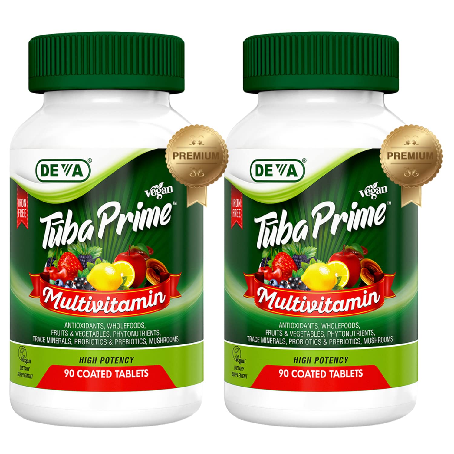 DEVA Tuba Prime Vegan Multivitamin Iron-Free High-Potency Vitamin & Mineral Dietary Supplement Antioxidants, Fruit & Veg Blend, Super Mushrooms, Probiotics, Prebiotics, Seeds, Herbs 90 Tabs 2-Pack - TrustMedUSA