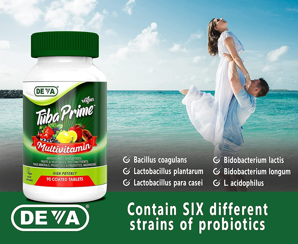 DEVA Tuba Prime Vegan Multivitamin Iron-Free High-Potency Vitamin & Mineral Dietary Supplement Antioxidants, Fruit & Veg Blend, Super Mushrooms, Probiotics, Prebiotics, Seeds, Herbs 90 Tabs 2-Pack - TrustMedUSA