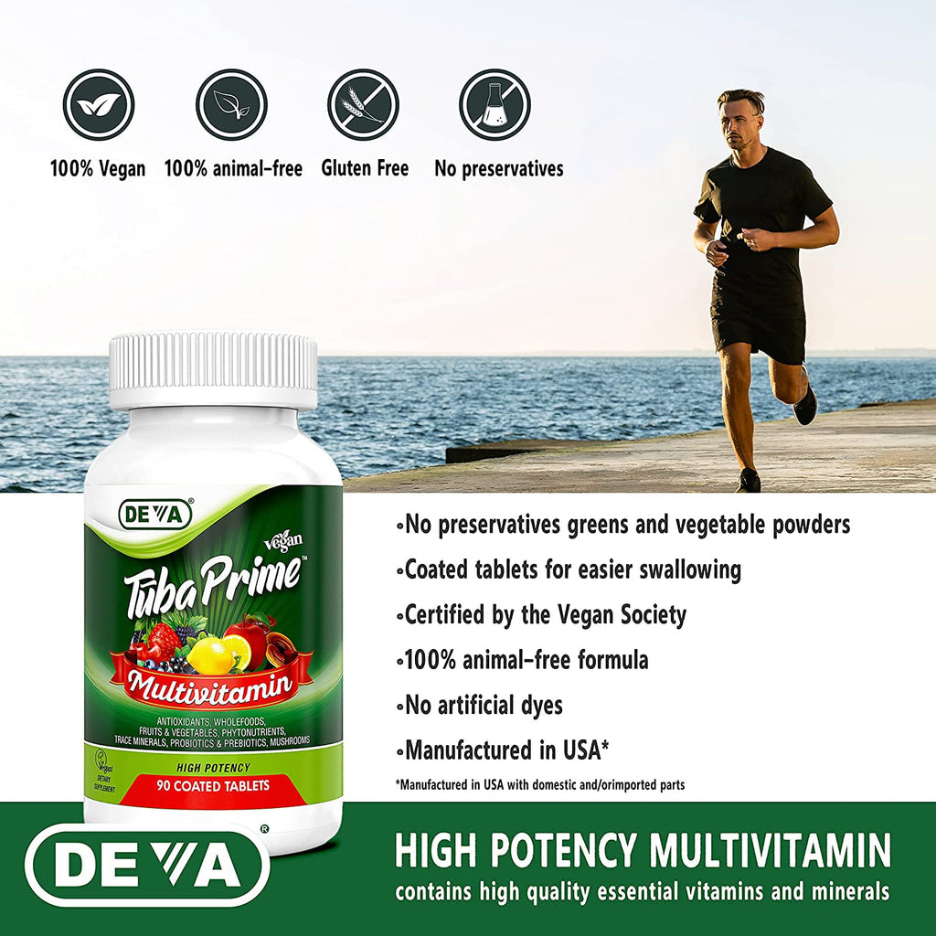 DEVA Tuba Prime Vegan Multivitamin Iron-Free High-Potency Vitamin & Mineral Dietary Supplement Antioxidants, Fruit & Veg Blend, Super Mushrooms, Probiotics, Prebiotics, Seeds, Herbs 90 Tabs 2-Pack - TrustMedUSA