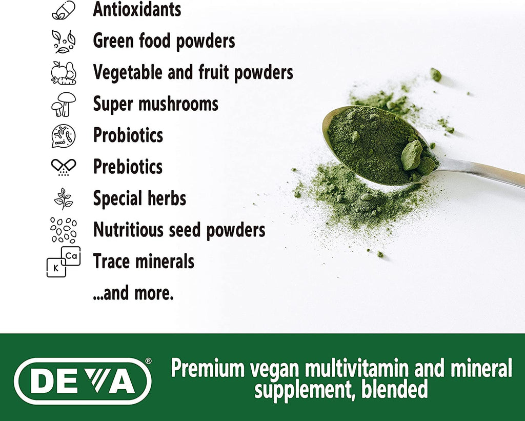 DEVA Tuba Prime Vegan Multivitamin Iron-Free High-Potency Vitamin & Mineral Dietary Supplement Antioxidants, Fruit & Veg Blend, Super Mushrooms, Probiotics, Prebiotics, Seeds, Herbs 90 Tabs 2-Pack - TrustMedUSA