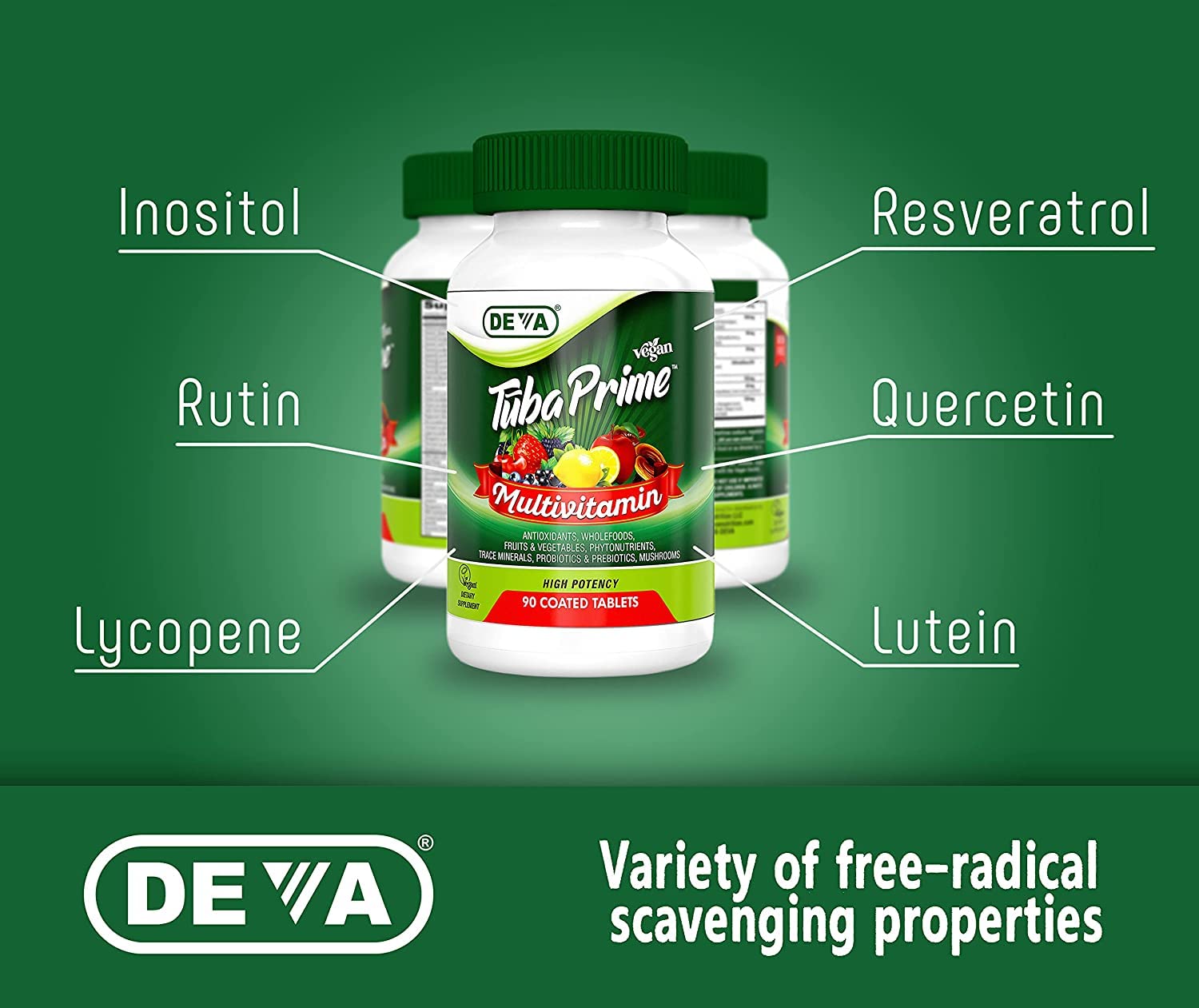 DEVA Tuba Prime Vegan Multivitamin Iron-Free High-Potency Vitamin & Mineral Dietary Supplement Antioxidants, Fruit & Veg Blend, Super Mushrooms, Probiotics, Prebiotics, Seeds, Herbs 90 Tabs 2-Pack - TrustMedUSA