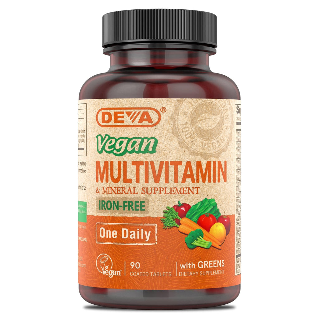 DEVA Vegan Iron-Free Multivitamin & Mineral Supplement, Green Food Blend, Spirulina, Chlorella, Ashwagandha, Broccoli, 90 Coated Tablets - TrustMedUSA