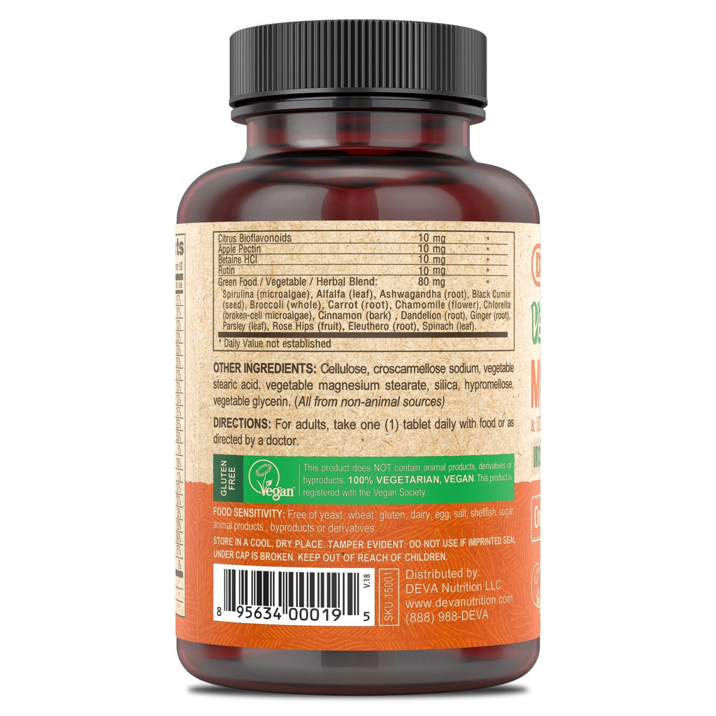 DEVA Vegan Iron-Free Multivitamin & Mineral Supplement, Green Food Blend, Spirulina, Chlorella, Ashwagandha, Broccoli, 90 Coated Tablets - TrustMedUSA