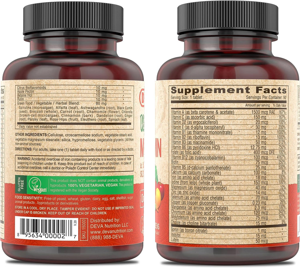 DEVA Vegan Multivitamin & Mineral Supplement with Iron 2-Pack, Spirulina, Chlorella, Ashwagandha, Broccoli & More, 90 Coated Tablets Each - TrustMedUSA