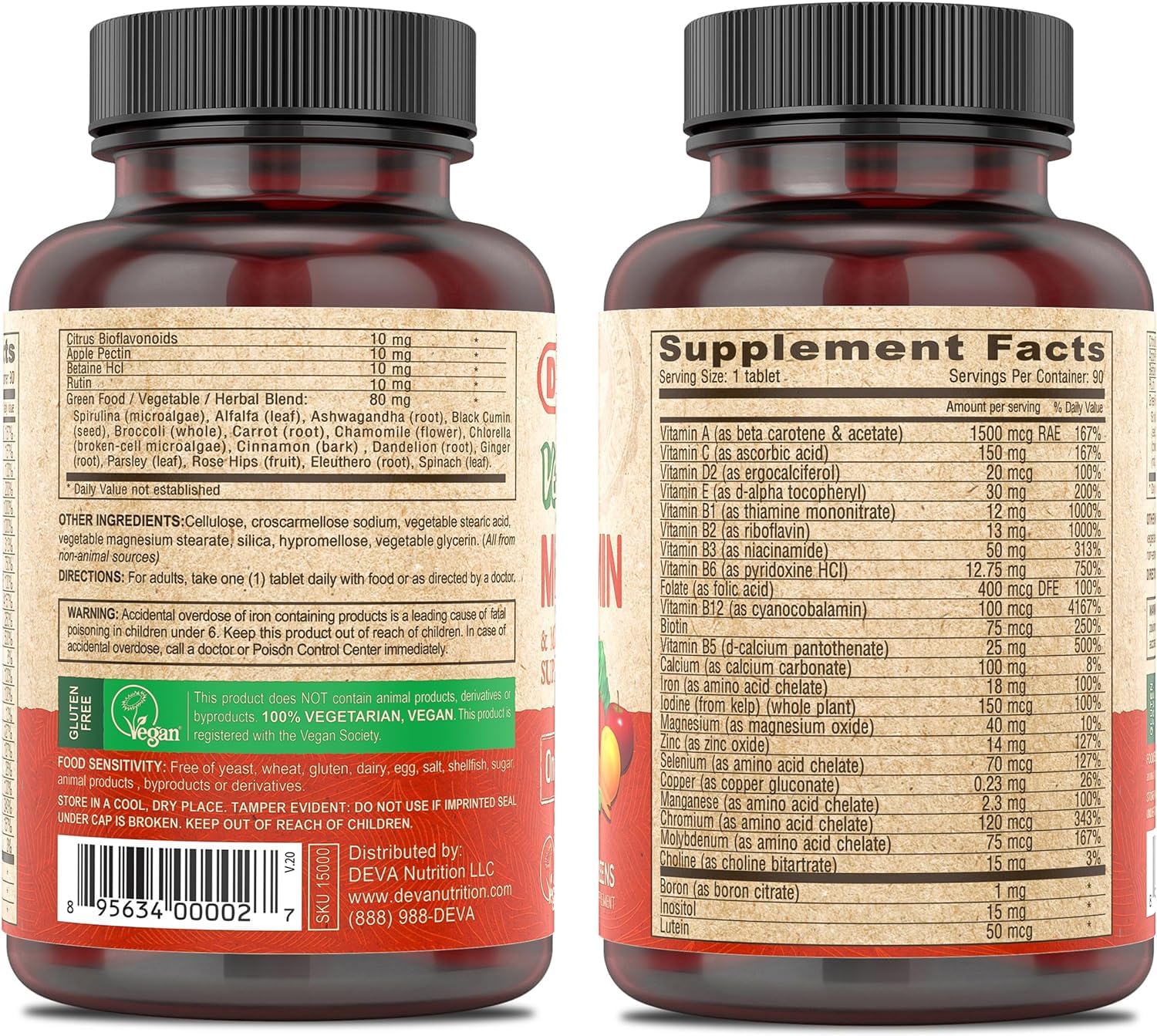 DEVA Vegan Multivitamin & Mineral Supplement with Iron 2-Pack, Spirulina, Chlorella, Ashwagandha, Broccoli & More, 90 Coated Tablets Each - TrustMedUSA