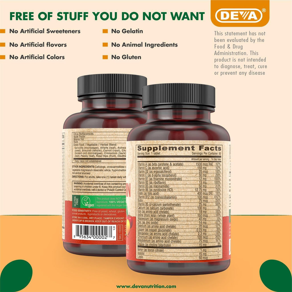 DEVA Vegan Multivitamin & Mineral Supplement with Iron 2-Pack, Spirulina, Chlorella, Ashwagandha, Broccoli & More, 90 Coated Tablets Each - TrustMedUSA