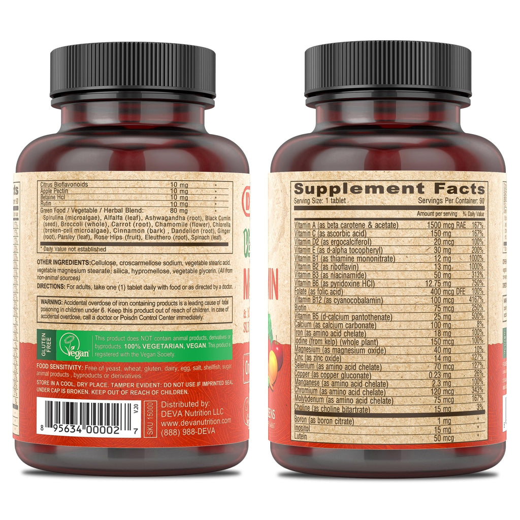 DEVA Vegan Multivitamin & Mineral Supplement with Iron 2-Pack, Spirulina, Chlorella, Ashwagandha, Broccoli & More, 90 Coated Tablets Each - TrustMedUSA
