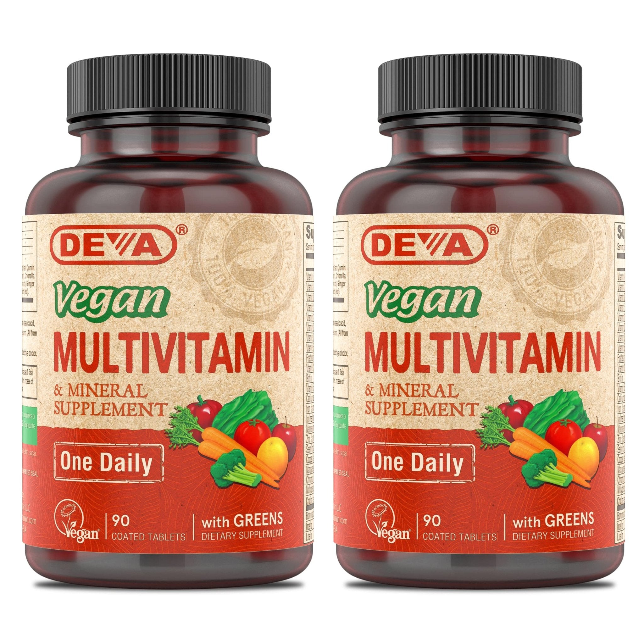 DEVA Vegan Multivitamin & Mineral Supplement with Iron 2-Pack, Spirulina, Chlorella, Ashwagandha, Broccoli & More, 90 Coated Tablets Each - TrustMedUSA