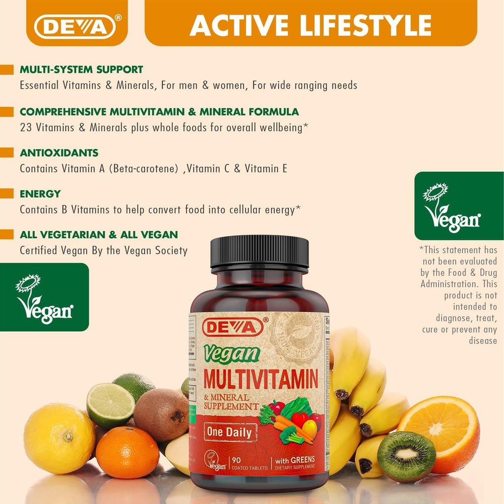 DEVA Vegan Multivitamin & Mineral Supplement with Iron 2-Pack, Spirulina, Chlorella, Ashwagandha, Broccoli & More, 90 Coated Tablets Each - TrustMedUSA