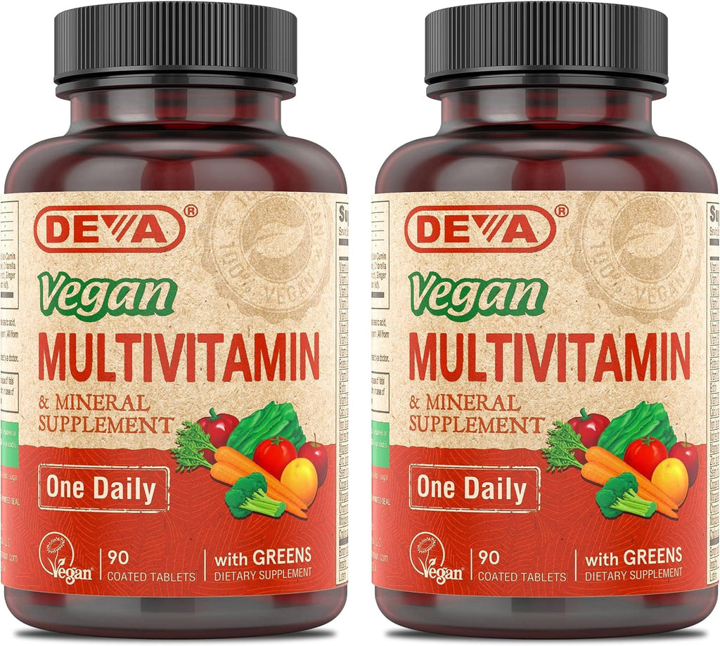 DEVA Vegan Multivitamin & Mineral Supplement with Iron 2-Pack, Spirulina, Chlorella, Ashwagandha, Broccoli & More, 90 Coated Tablets Each - TrustMedUSA