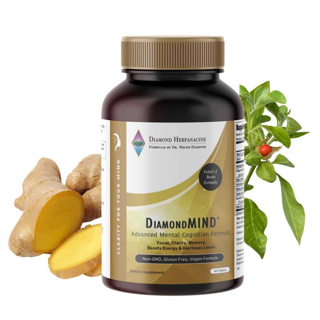 DiamondMIND Brain Support Supplement - Natural Formula for Mental Energy & Cognitive Function - Focus, Clarity, and Memory Supplement - Less Mental Stress - Vegan, Gluten-Free, Dairy-Free - (60 Count) - TrustMedUSA