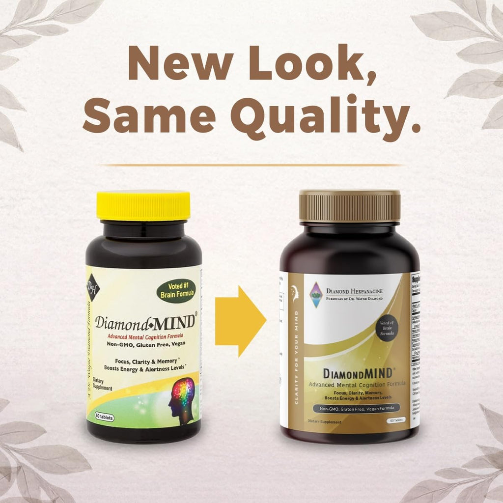 DiamondMIND Brain Support Supplement - Natural Formula for Mental Energy & Cognitive Function - Focus, Clarity, and Memory Supplement - Less Mental Stress - Vegan, Gluten-Free, Dairy-Free - (60 Count) - TrustMedUSA