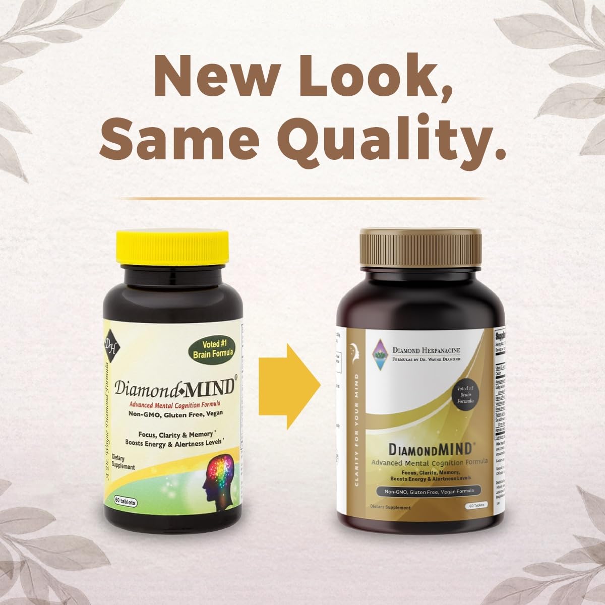 DiamondMIND Brain Support Supplement - Natural Formula for Mental Energy & Cognitive Function - Focus, Clarity, and Memory Supplement - Less Mental Stress - Vegan, Gluten-Free, Dairy-Free - (60 Count) - TrustMedUSA