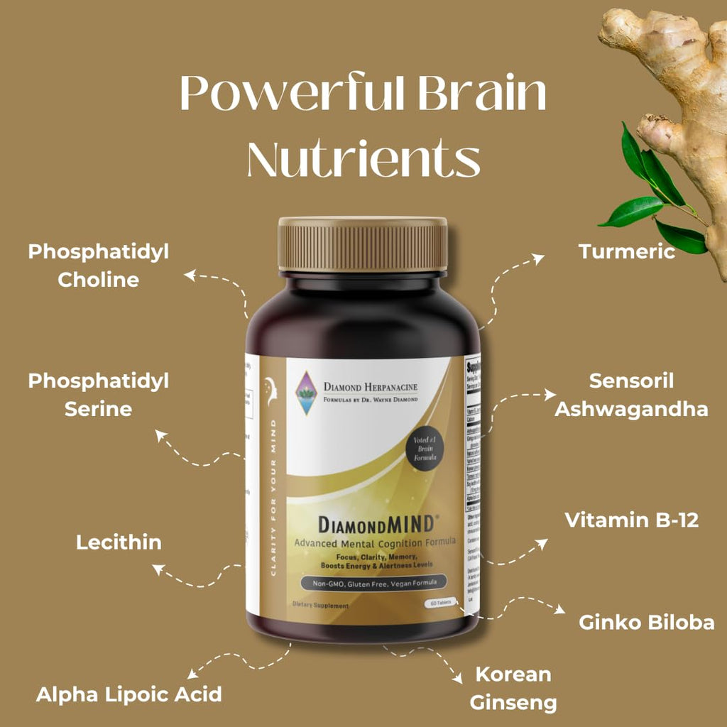 DiamondMIND Brain Support Supplement - Natural Formula for Mental Energy & Cognitive Function - Focus, Clarity, and Memory Supplement - Less Mental Stress - Vegan, Gluten-Free, Dairy-Free - (60 Count) - TrustMedUSA