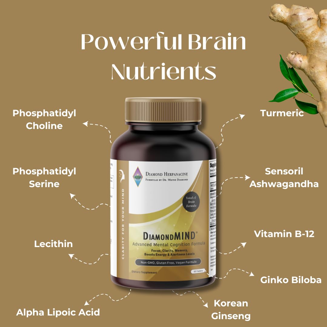 DiamondMIND Brain Support Supplement - Natural Formula for Mental Energy & Cognitive Function - Focus, Clarity, and Memory Supplement - Less Mental Stress - Vegan, Gluten-Free, Dairy-Free - (60 Count) - TrustMedUSA