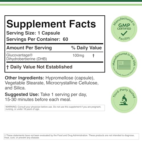 Dihydroberberine Supplement 100mg, 60 Capsules (Patented GlucoVantage Super - TrustMedUSA