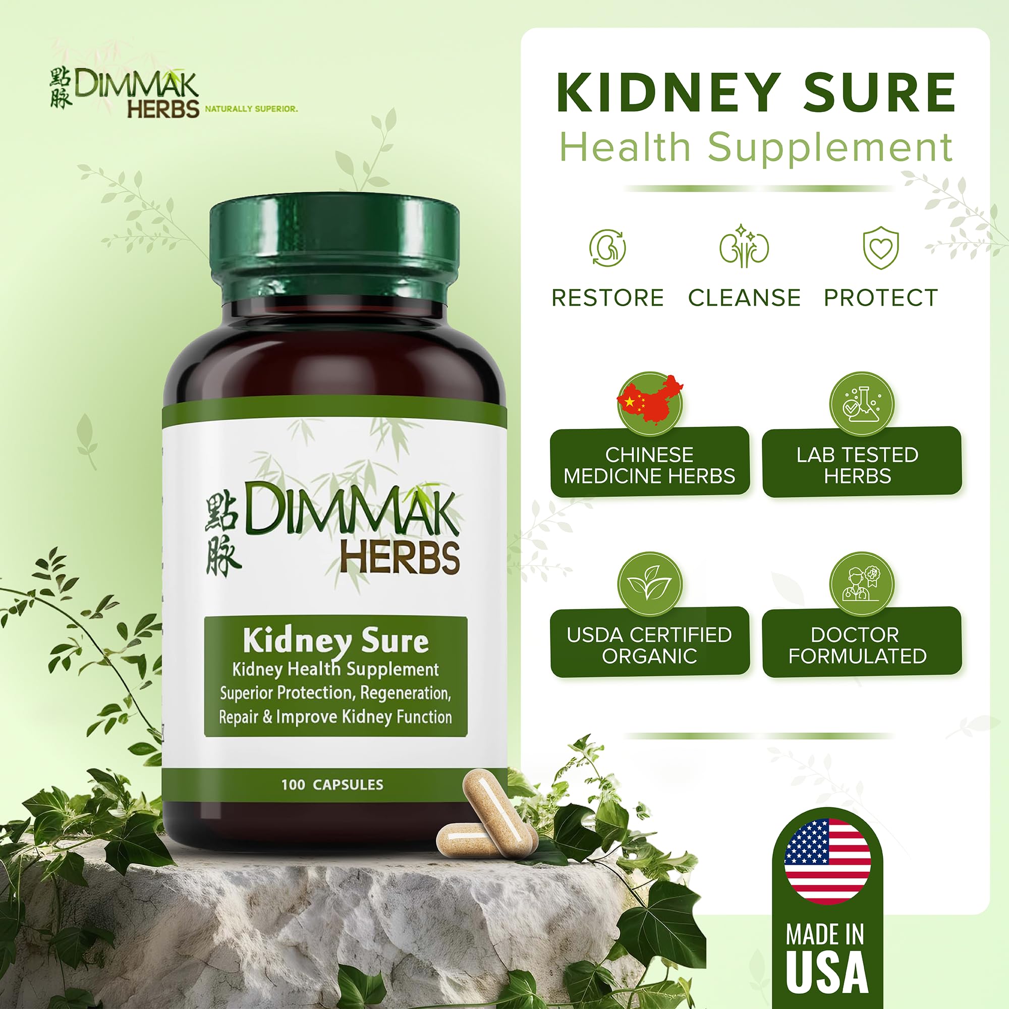 Dimmak Herbs Kidney Sure- Kidney Cleanse & Revitilization Tonic- Organic Herbal Support for Renal Health, Urinary Tract Flow & Vitality- TCM Doctor Formulated, Vegan- 400mg 100 Capsules - TrustMedUSA