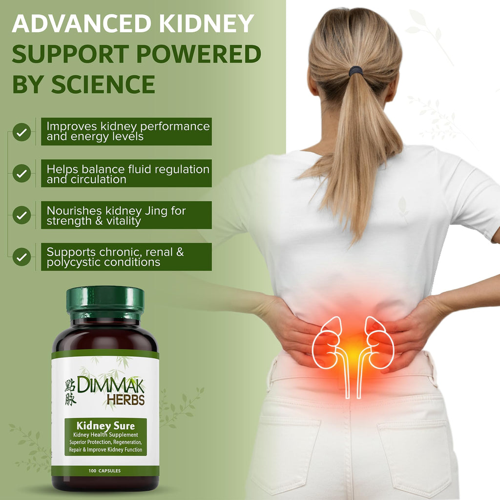 Dimmak Herbs Kidney Sure- Kidney Cleanse & Revitilization Tonic- Organic Herbal Support for Renal Health, Urinary Tract Flow & Vitality- TCM Doctor Formulated, Vegan- 400mg 100 Capsules - TrustMedUSA