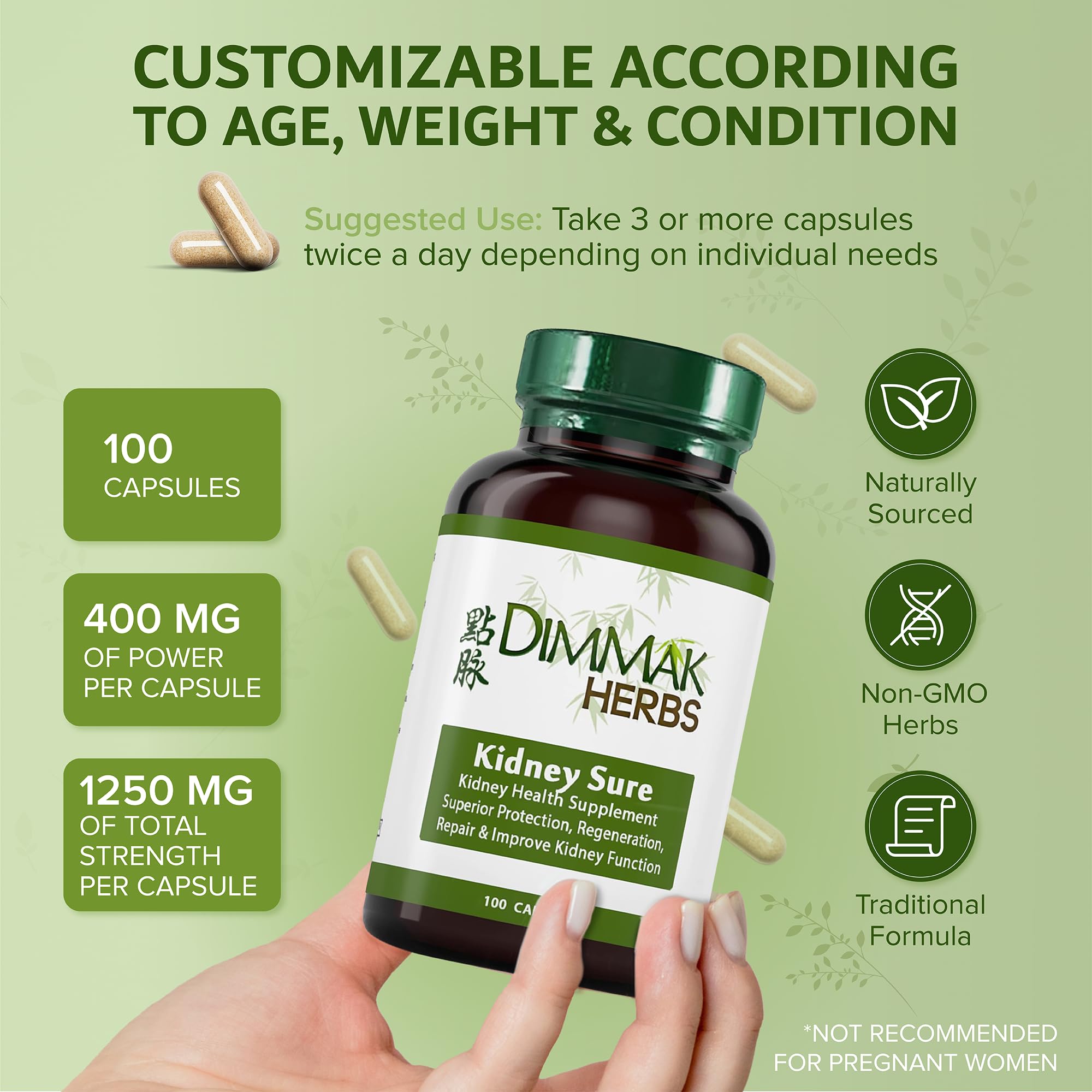 Dimmak Herbs Kidney Sure- Kidney Cleanse & Revitilization Tonic- Organic Herbal Support for Renal Health, Urinary Tract Flow & Vitality- TCM Doctor Formulated, Vegan- 400mg 100 Capsules - TrustMedUSA