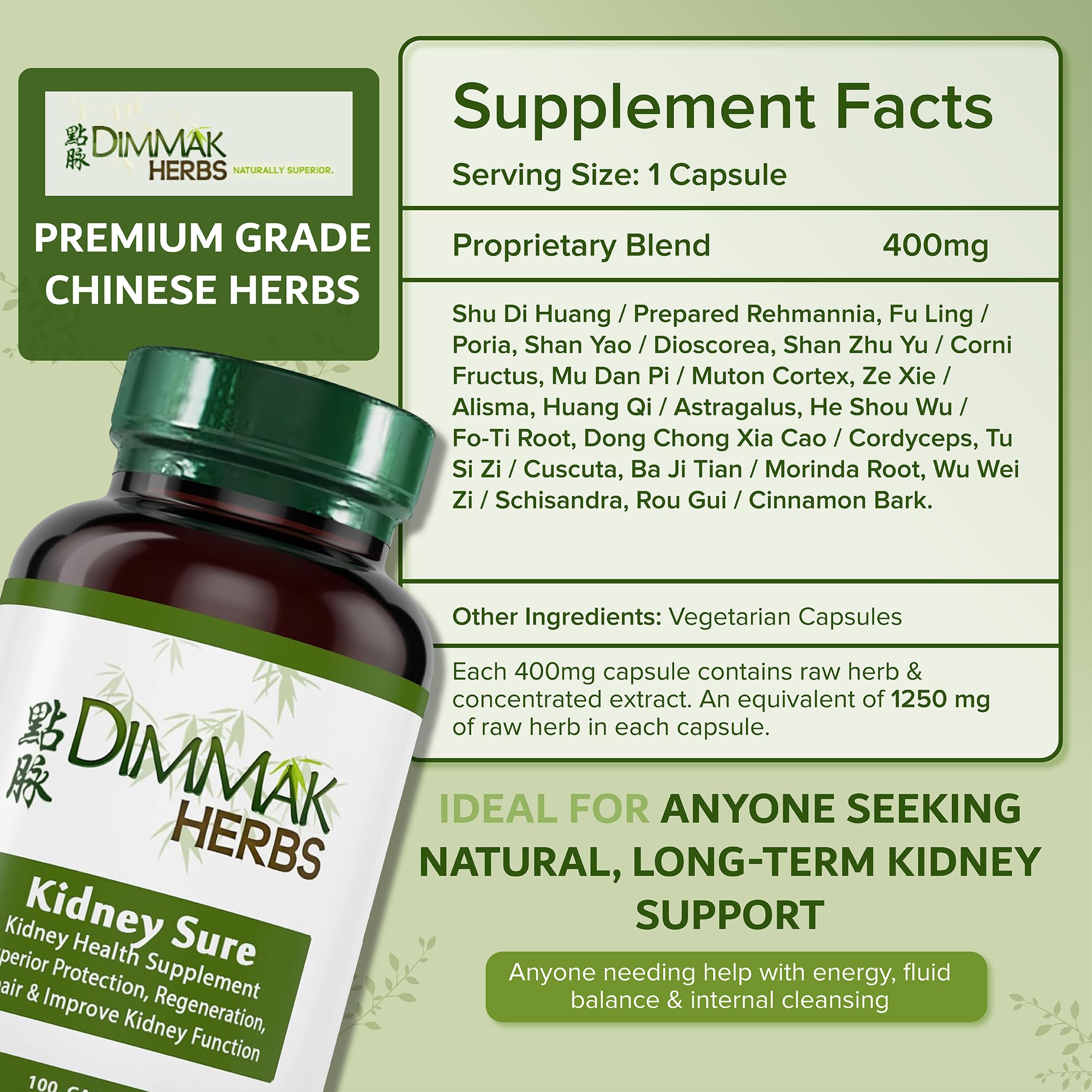 Dimmak Herbs Kidney Sure- Kidney Cleanse & Revitilization Tonic- Organic Herbal Support for Renal Health, Urinary Tract Flow & Vitality- TCM Doctor Formulated, Vegan- 400mg 100 Capsules - TrustMedUSA