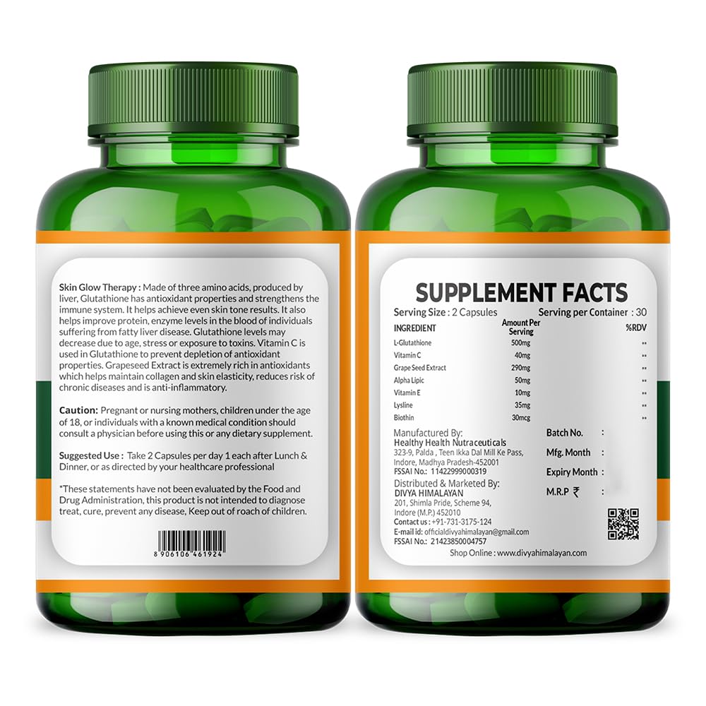 Divyhimalayan L-Glutathione 1000mg - 98% Pure Reduced Form with Vitamin C & ALA for Radiant Skin, Antioxidant & Immune Support - 60 Capsules - TrustMedUSA