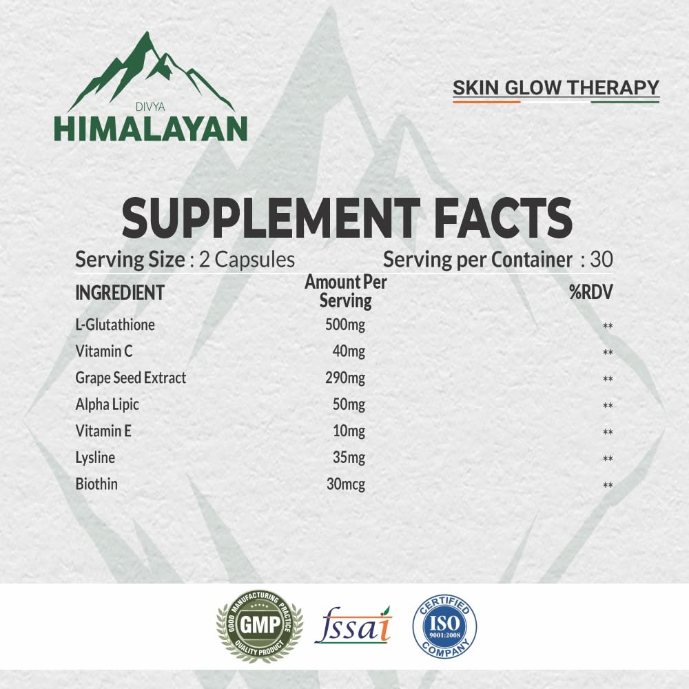 Divyhimalayan L-Glutathione 1000mg - 98% Pure Reduced Form with Vitamin C & ALA for Radiant Skin, Antioxidant & Immune Support - 60 Capsules - TrustMedUSA