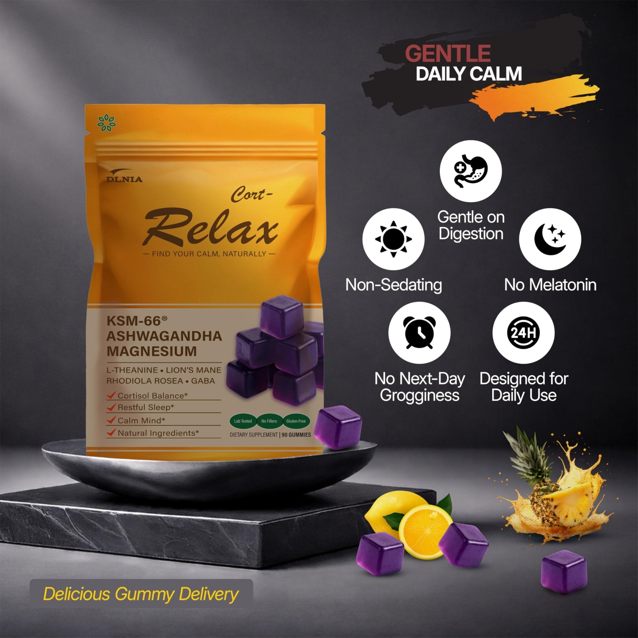 DLNIA Magnesium Glycinate Stress & Cortisol Support Gummies | Calm Focus by Day, Deep Sleep by Night | 17-in-1 with KSM-66® Ashwagandha, L-Theanine & Lion’s Mane - TrustMedUSA