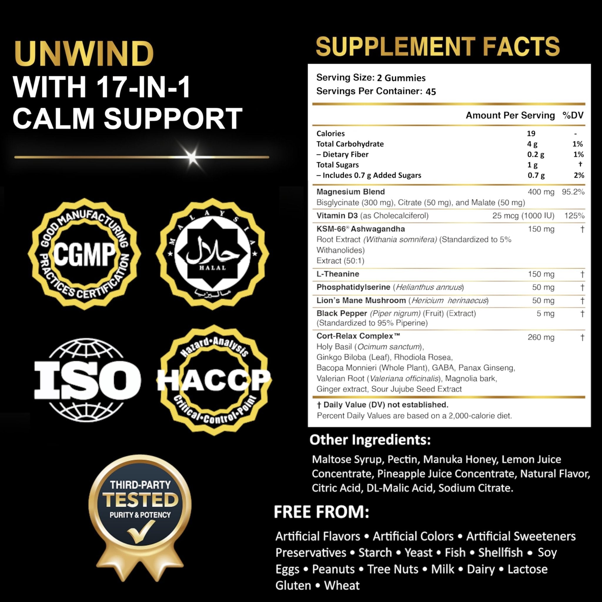 DLNIA Magnesium Glycinate Stress & Cortisol Support Gummies | Calm Focus by Day, Deep Sleep by Night | 17-in-1 with KSM-66® Ashwagandha, L-Theanine & Lion’s Mane - TrustMedUSA