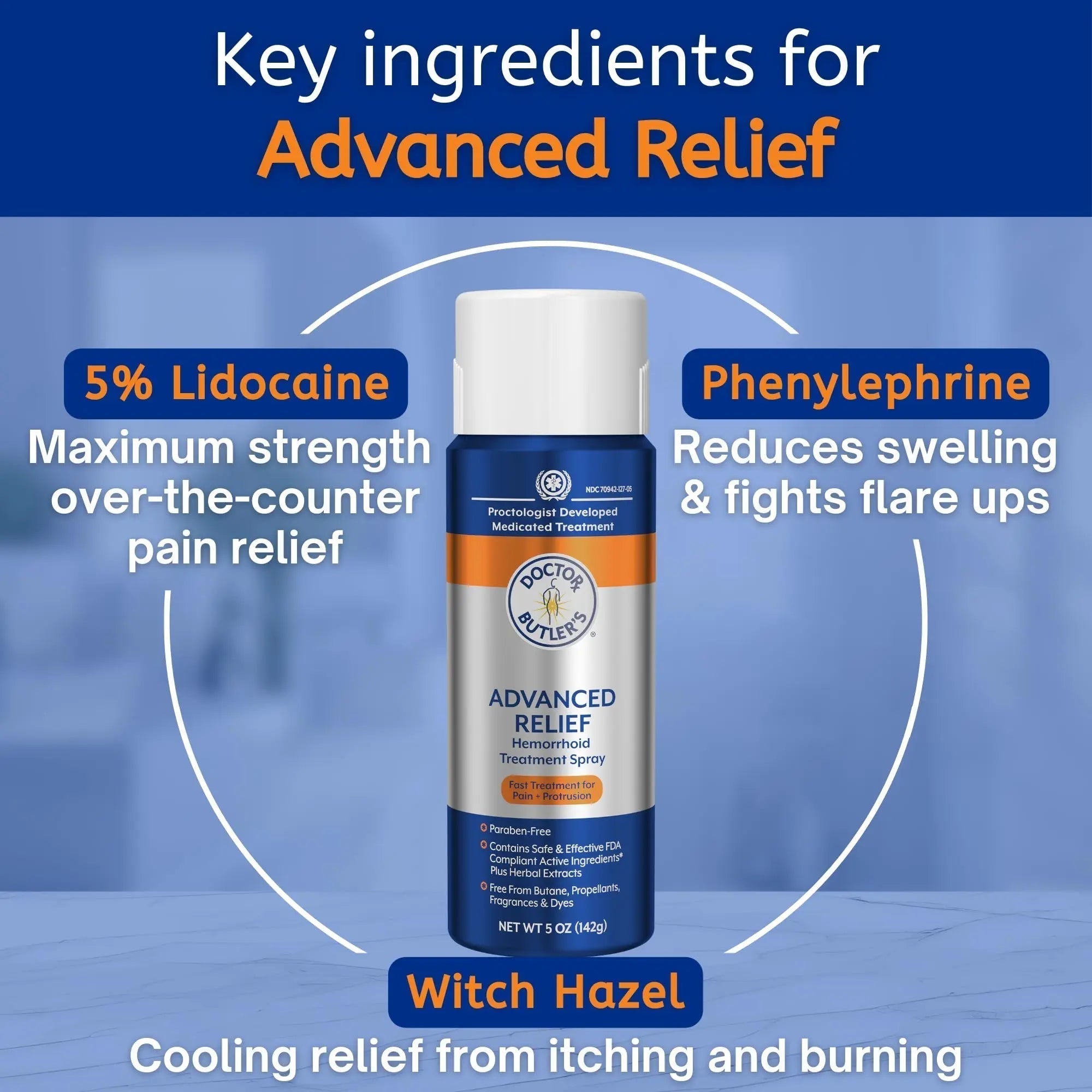 Doctor Butler's Advanced Relief Hemorrhoid Spray – Advanced Relief Hemorrhoid Treatment Spray with Witch Hazel to Help with Sensitive Skin, Itch Relief, and Swelling Relief* (5oz) - TrustMedUSA