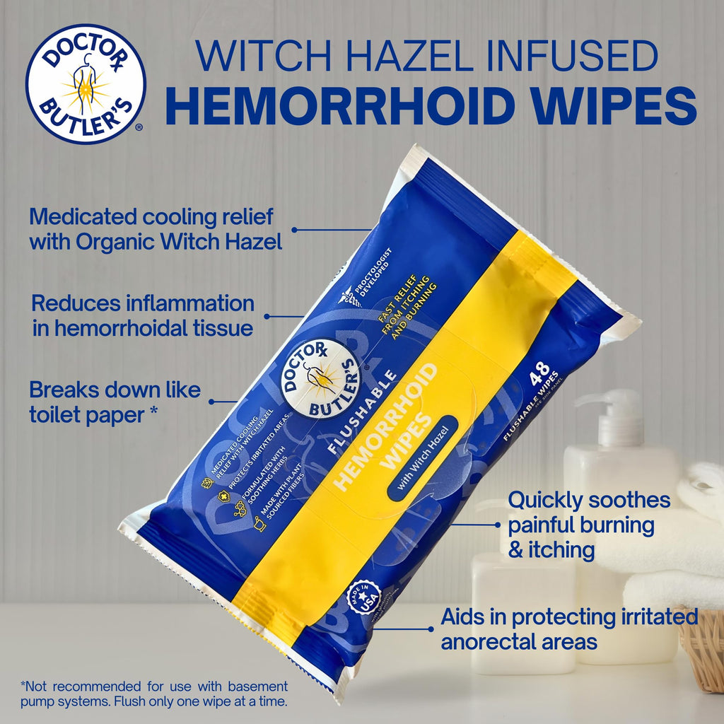 Doctor Butler's Flushable Hemorrhoid Wipes – Flushable Wipes with Witch Hazel to Soothe and Bring Relief from Discomfort Associated with Hemorrhoids (48 Wipes) - TrustMedUSA