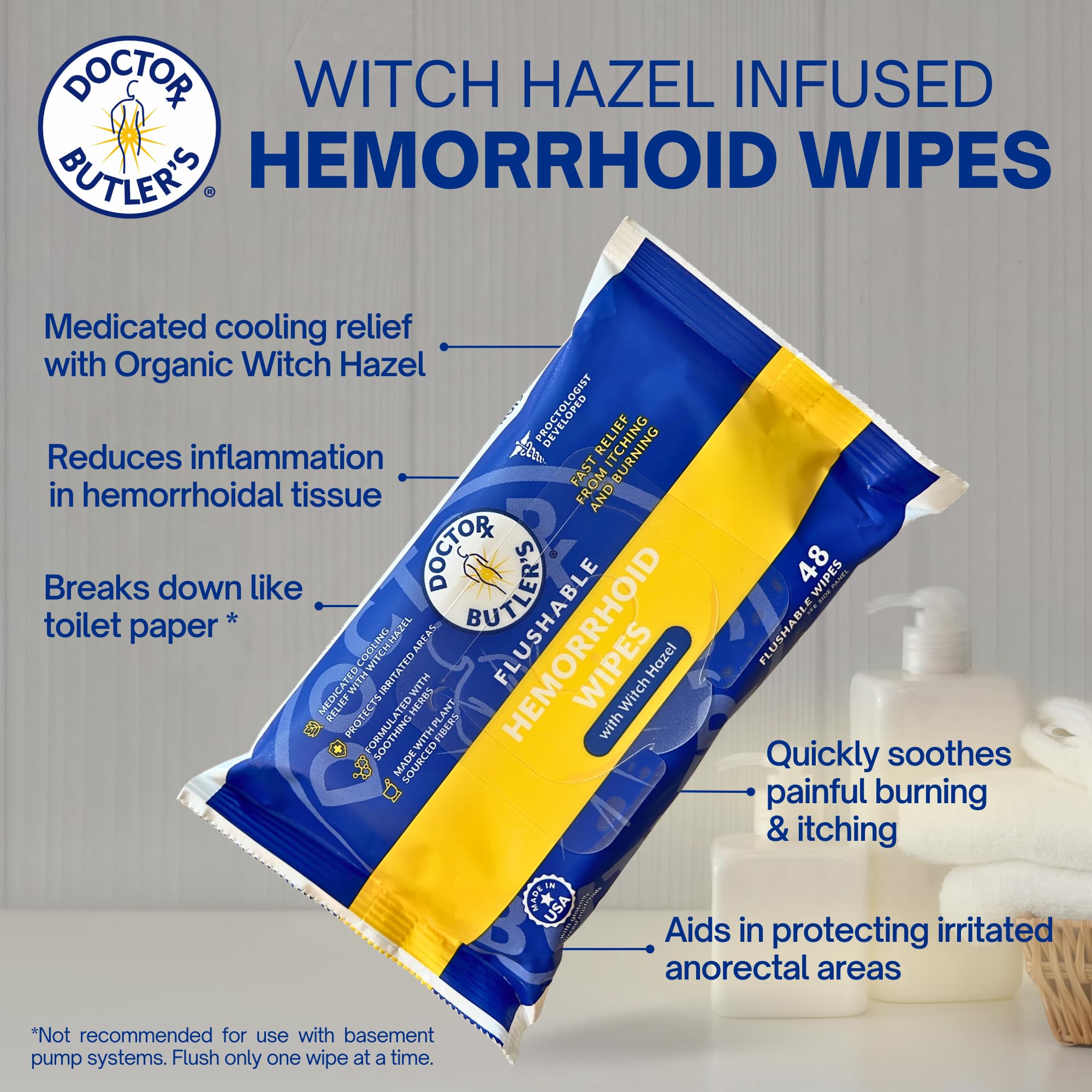 Doctor Butler's Flushable Hemorrhoid Wipes – Flushable Wipes with Witch Hazel to Soothe and Bring Relief from Discomfort Associated with Hemorrhoids (48 Wipes) - TrustMedUSA