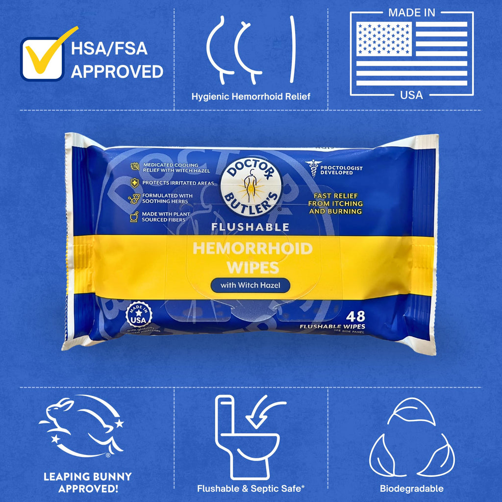 Doctor Butler's Flushable Hemorrhoid Wipes – Flushable Wipes with Witch Hazel to Soothe and Bring Relief from Discomfort Associated with Hemorrhoids (48 Wipes) - TrustMedUSA