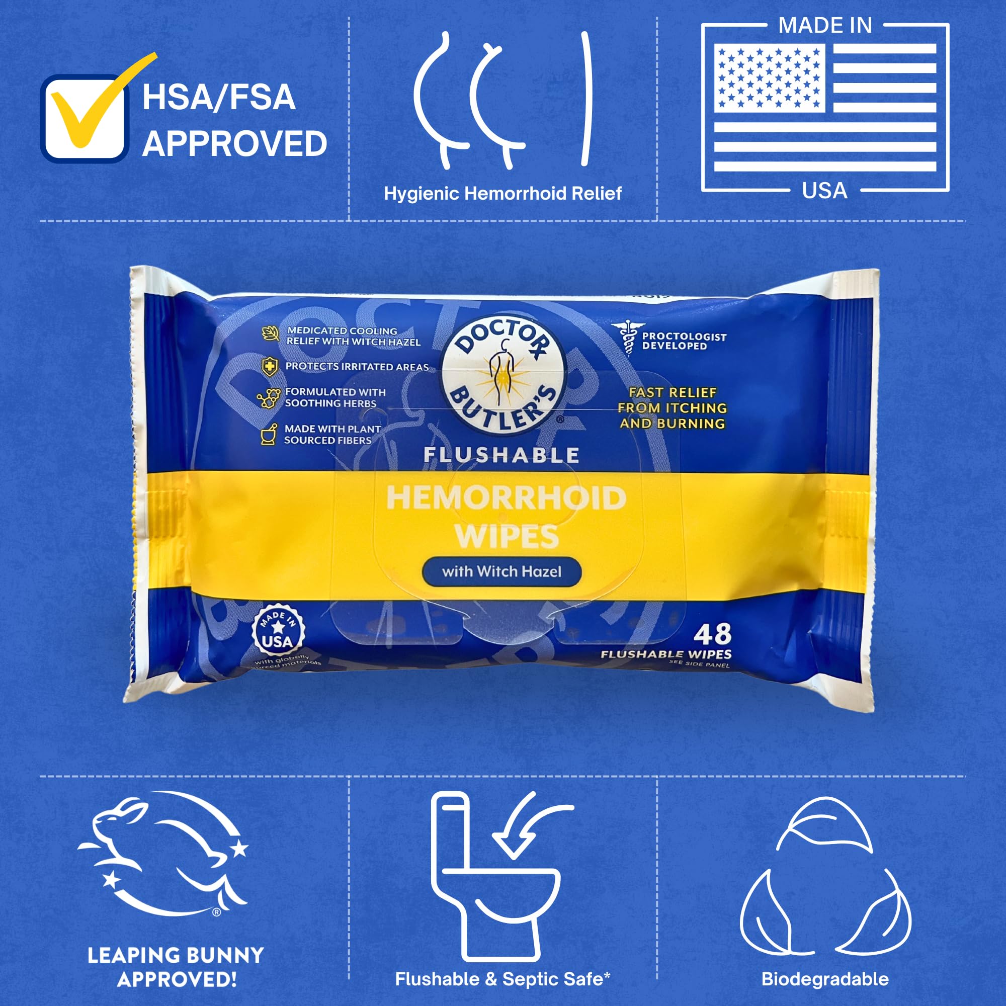 Doctor Butler's Flushable Hemorrhoid Wipes – Flushable Wipes with Witch Hazel to Soothe and Bring Relief from Discomfort Associated with Hemorrhoids (48 Wipes) - TrustMedUSA