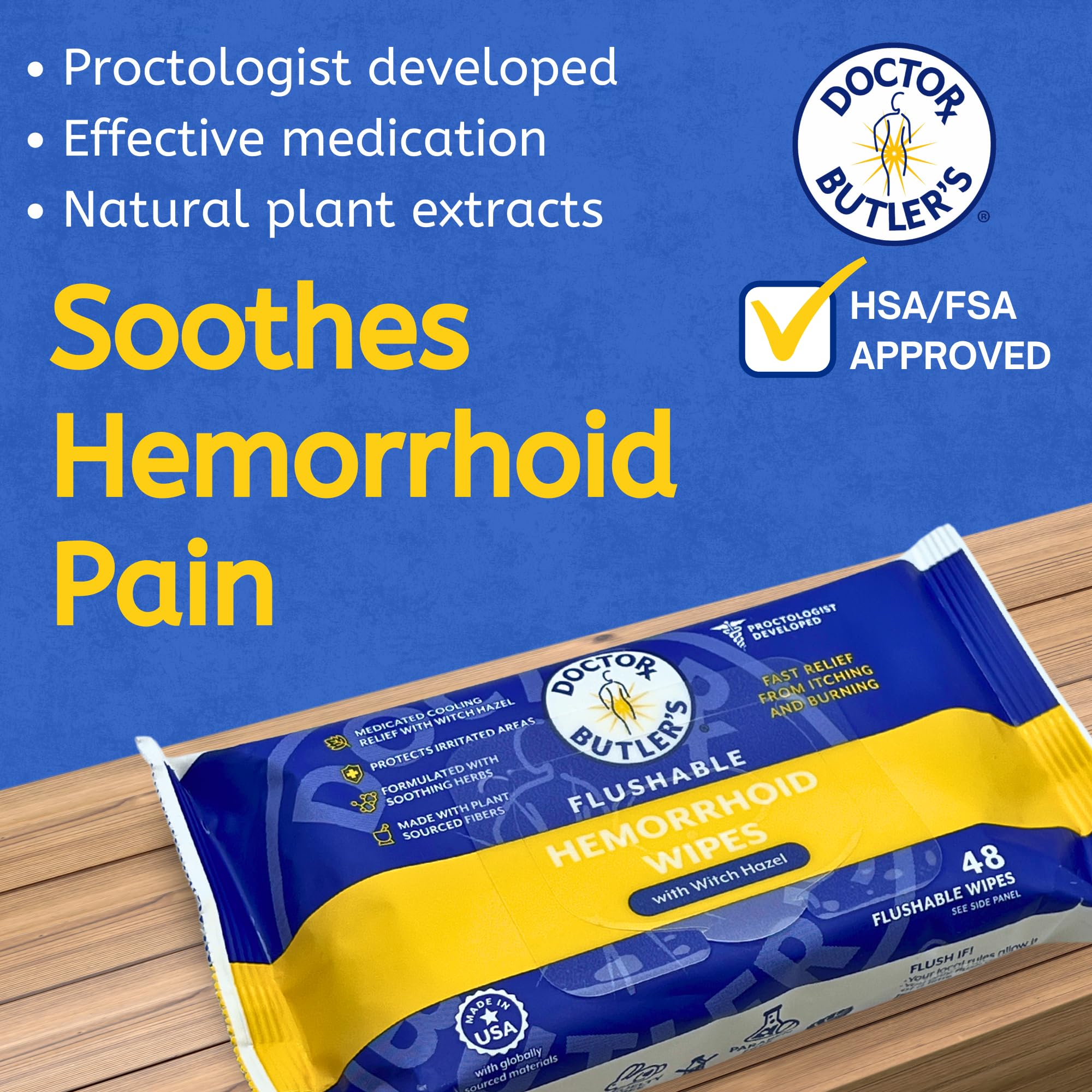 Doctor Butler's Flushable Hemorrhoid Wipes – Flushable Wipes with Witch Hazel to Soothe and Bring Relief from Discomfort Associated with Hemorrhoids (48 Wipes) - TrustMedUSA