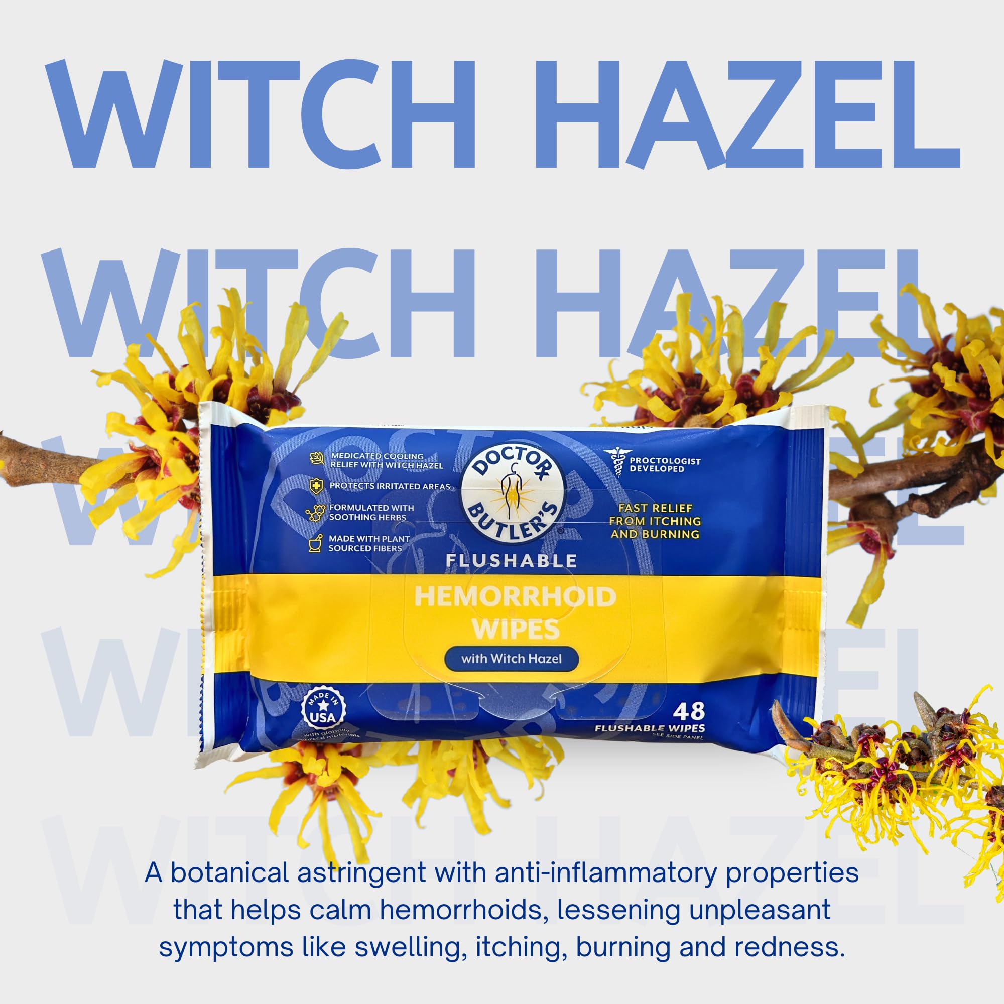 Doctor Butler's Flushable Hemorrhoid Wipes – Flushable Wipes with Witch Hazel to Soothe and Bring Relief from Discomfort Associated with Hemorrhoids (48 Wipes) - TrustMedUSA