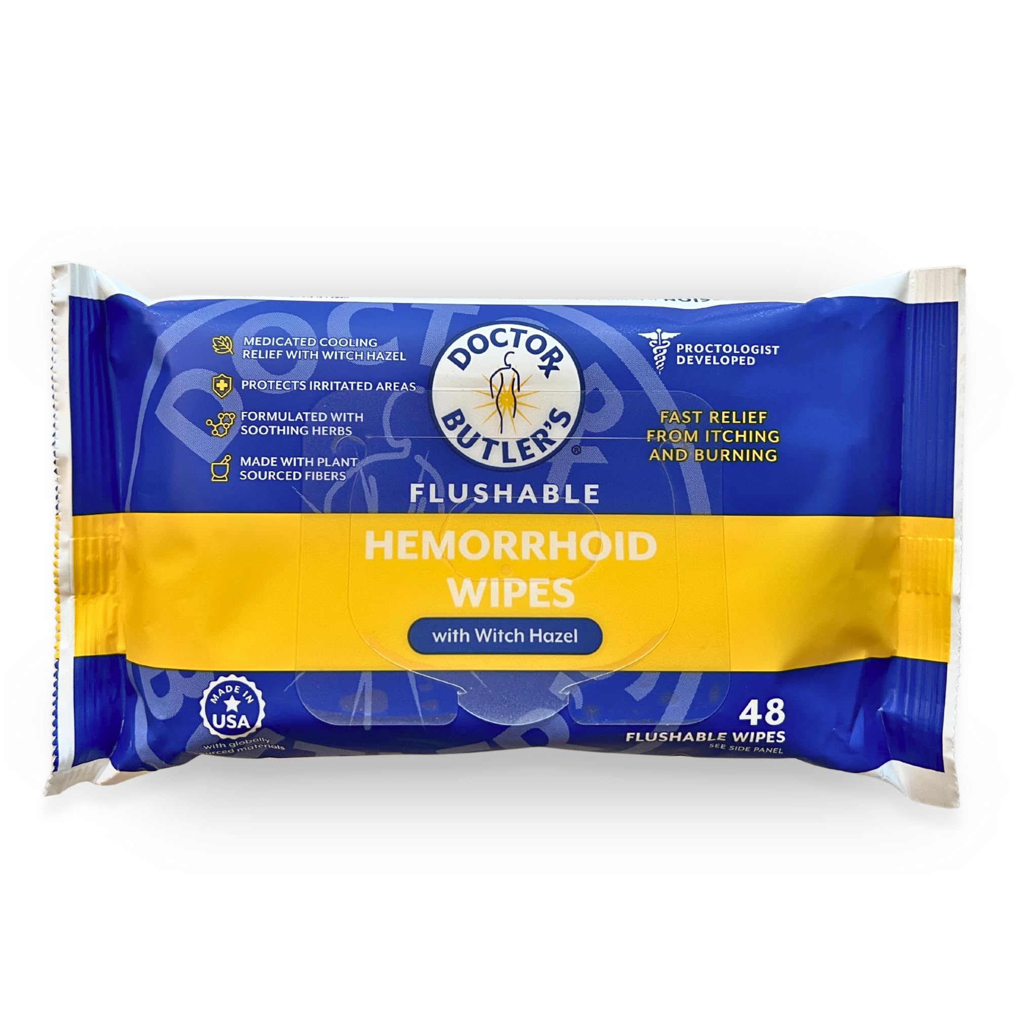 Doctor Butler's Flushable Hemorrhoid Wipes – Flushable Wipes with Witch Hazel to Soothe and Bring Relief from Discomfort Associated with Hemorrhoids (48 Wipes) - TrustMedUSA