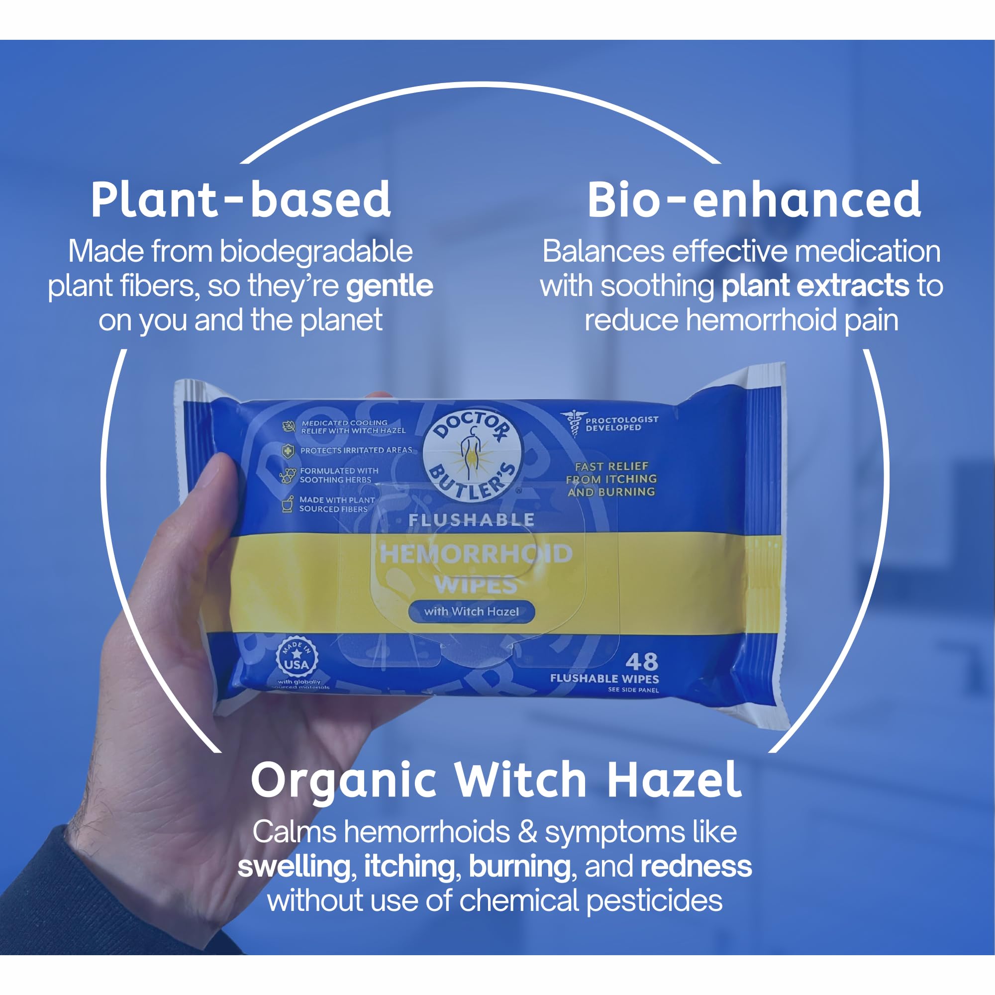 Doctor Butler's Flushable Hemorrhoid Wipes – Flushable Wipes with Witch Hazel to Soothe and Bring Relief from Discomfort Associated with Hemorrhoids (48 Wipes) - TrustMedUSA