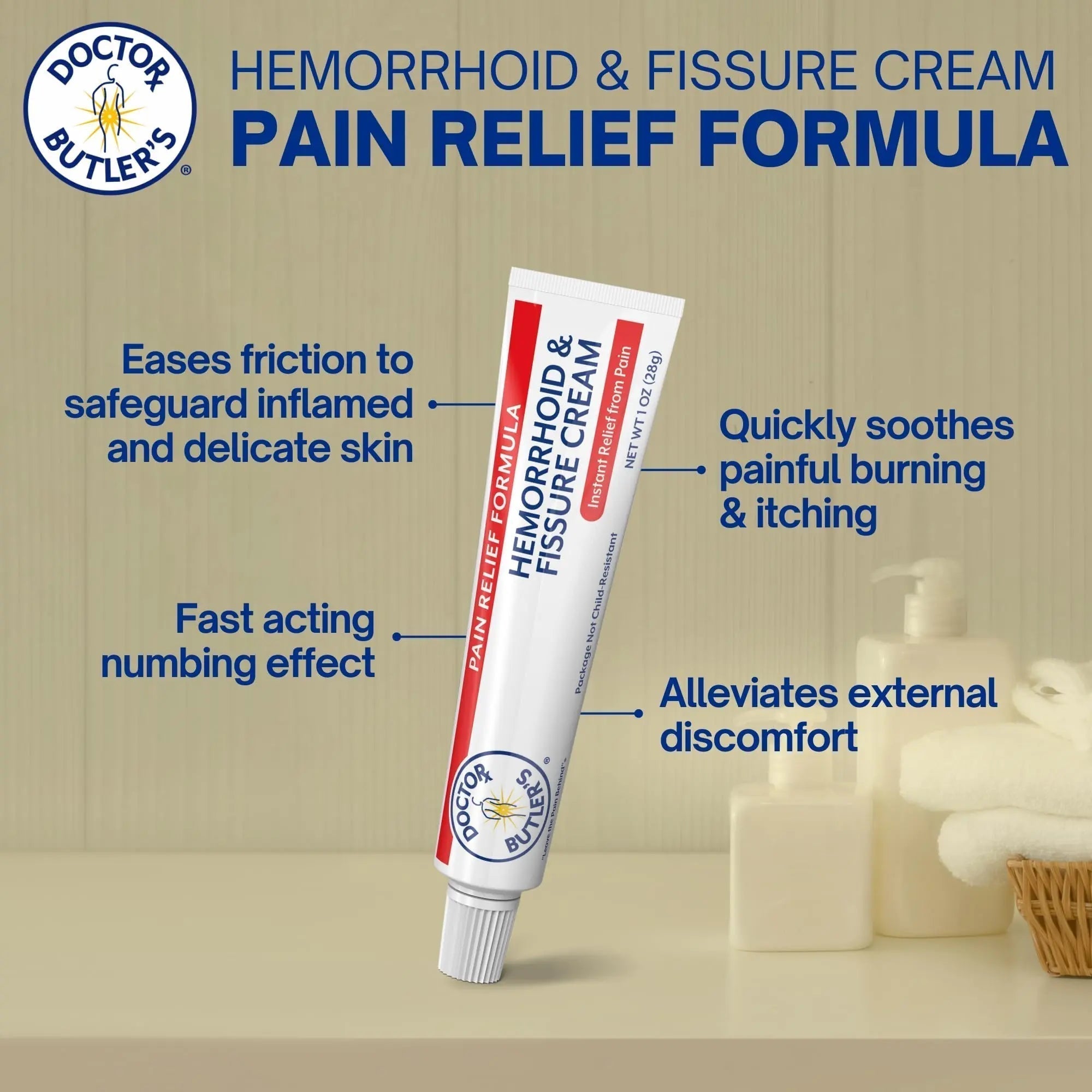 Doctor Butler's Hemorrhoid & Fissure Cream – Instant Pain Relief Hemorrhoid Treatment with Lidocaine, Fast Acting Hemorrhoid Cream for Relief from External Itching and Burning (1 oz.) - TrustMedUSA