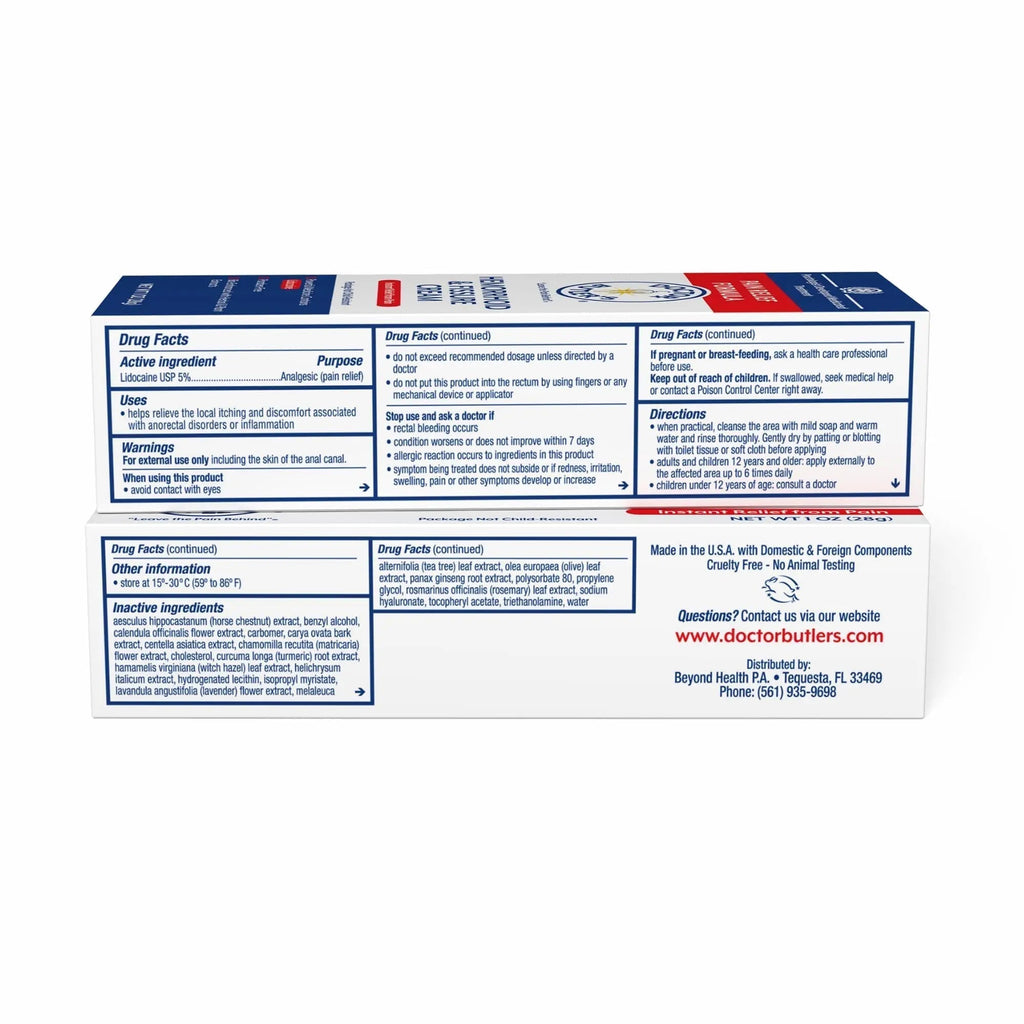 Doctor Butler's Hemorrhoid & Fissure Cream – Instant Pain Relief Hemorrhoid Treatment with Lidocaine, Fast Acting Hemorrhoid Cream for Relief from External Itching and Burning (1 oz.) - TrustMedUSA