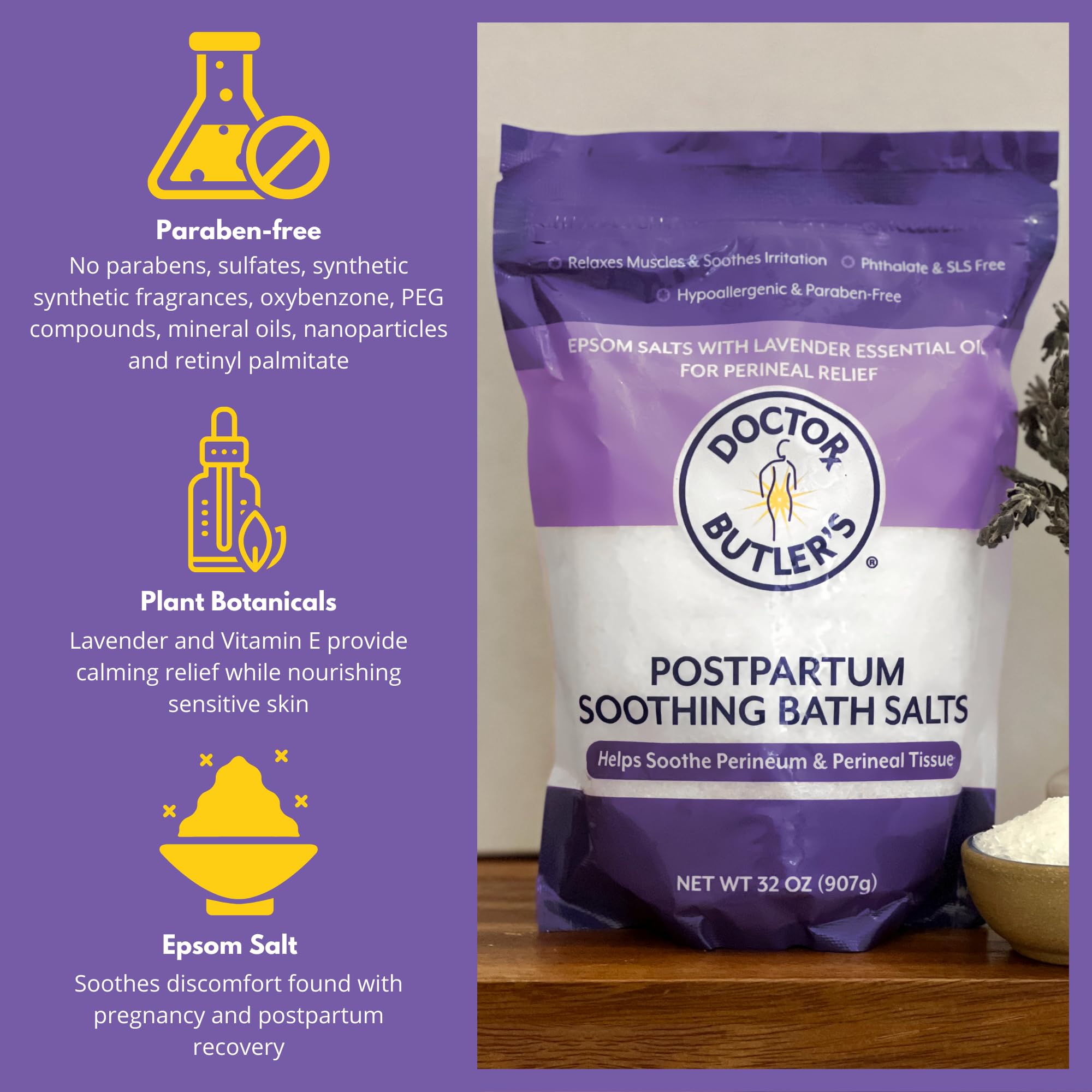 Doctor Butler’s Postpartum Soothing Bath Salts – Epsom Bath Salts for Women for Postpartum Recovery, Hemorrhoids, Discomfort, and Helps Soothe Perineum and Perineal Tissues After Birth (32 oz.) - Maple Wellness Supplements