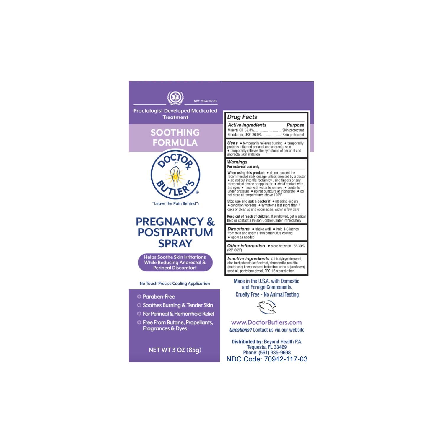 Doctor Butler's Pregnancy & Postpartum Spray - Perineal Spray and Hemorrhoid Treatment with Aloe and Chamomile, Pregnancy Support and Postpartum Essentials, Paraben Free (3oz) - TrustMedUSA