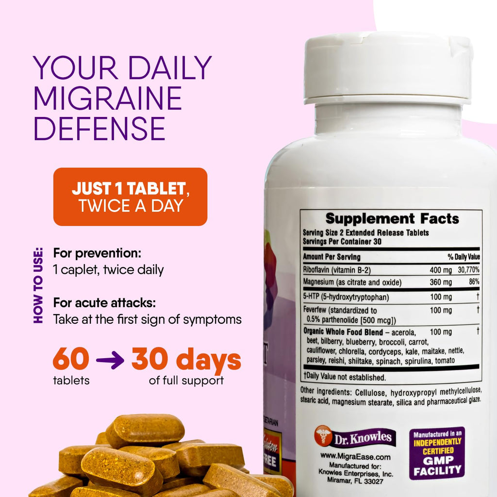 Doctor Knowles Migraine Supplement |Complete Natural Migraine Prevention & Relief Pills with Magnesium, 5-HTP, Feverfew, Riboflavin & Organic Blend |Caffeine Free, Extended-Release Tablets (60 Units) - TrustMedUSA