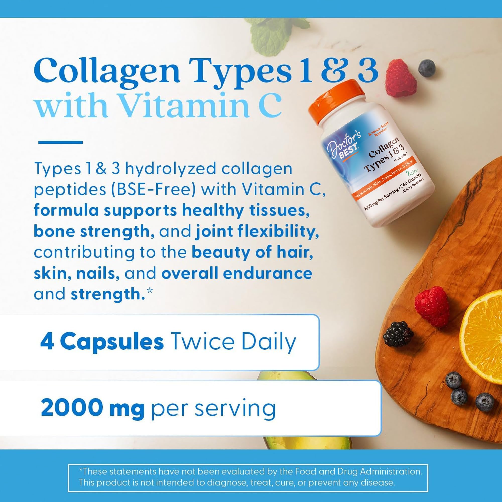 Doctor's Best Collagen Types 1 & 3 with Vitamin C, Non-GMO, Gluten Free, Soy Free, Supports Hair, Skin, Nails, Tendons & Bones, 500 mg, 240 Caps (DRB-00263) - Maple Wellness Supplements