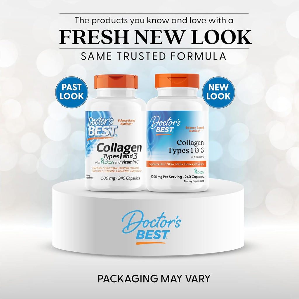 Doctor's Best Collagen Types 1 & 3 with Vitamin C, Non-GMO, Gluten Free, Soy Free, Supports Hair, Skin, Nails, Tendons & Bones, 500 mg, 240 Caps (DRB-00263) - Maple Wellness Supplements