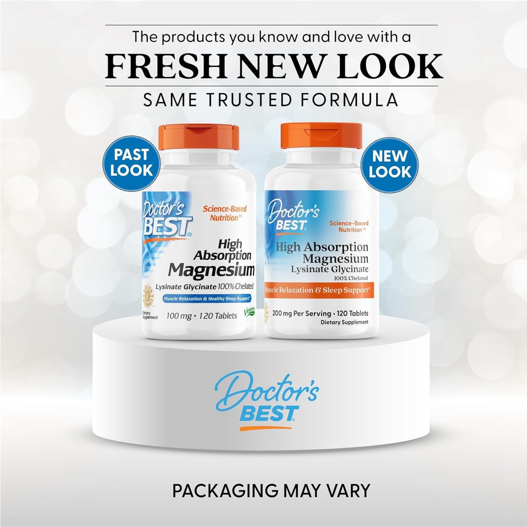 Doctor's Best High Absorption Magnesium Glycinate Lysinate Supplement for Sleep Support - Chelated Magnesium Tablets for Women & Men, 200mg per Serving, Supports Calm & Relaxation, Vegan - 120 Count - TrustMedUSA