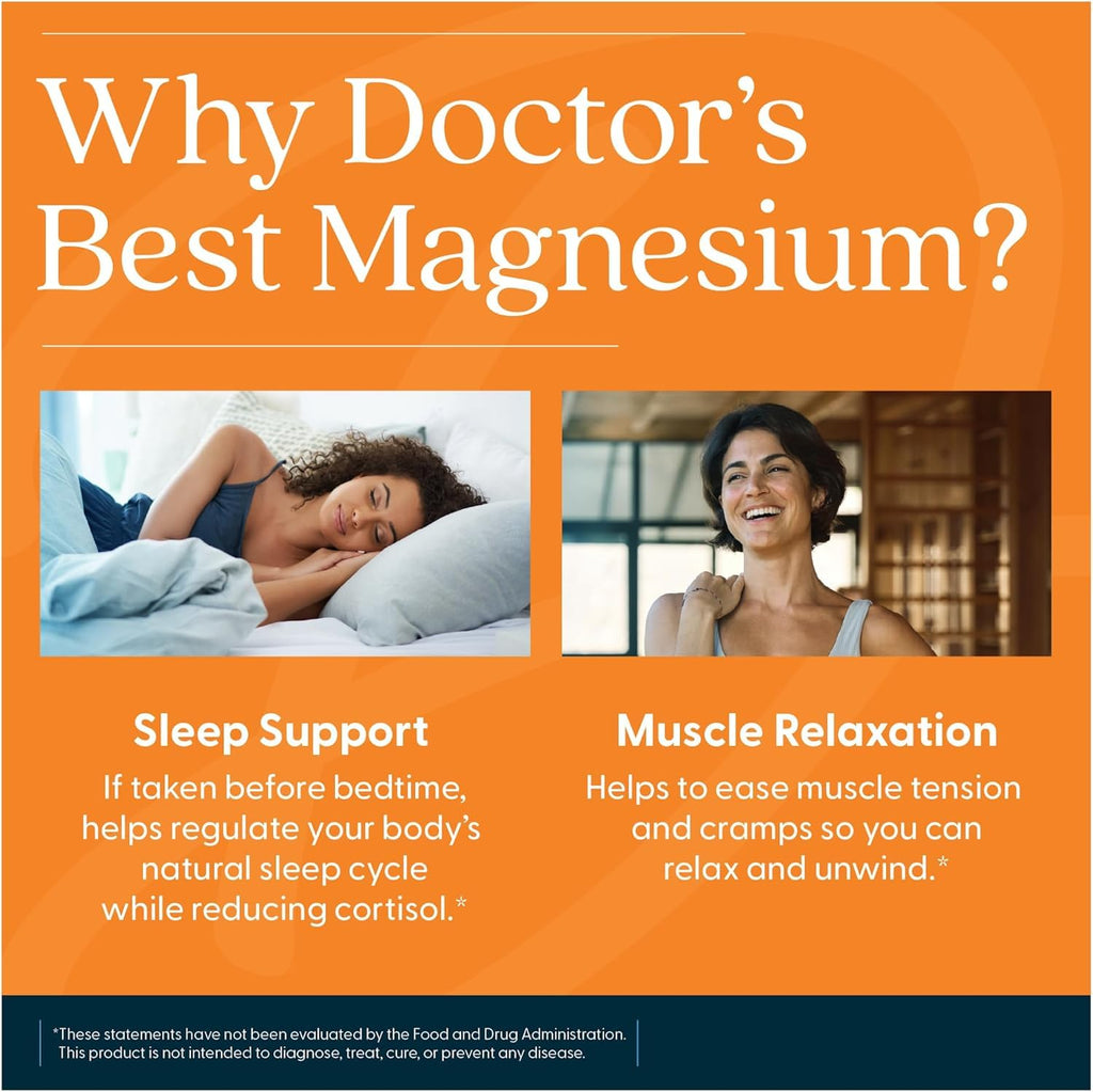 Doctor's Best High Absorption Magnesium Glycinate Lysinate Supplement for Sleep Support - Chelated Magnesium Tablets for Women & Men, 200mg per Serving, Supports Calm & Relaxation, Vegan - 120 Count - TrustMedUSA